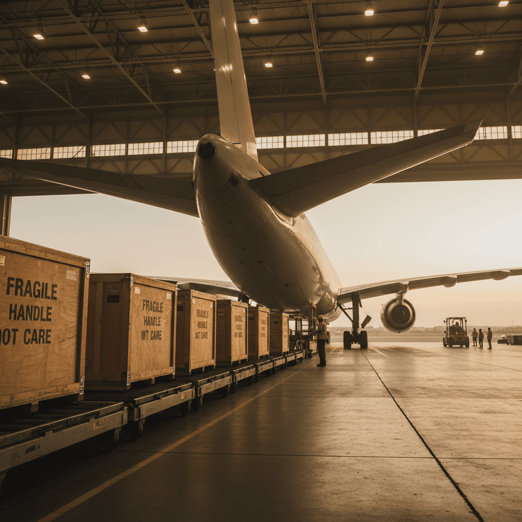 Crates loading into a cargo plane