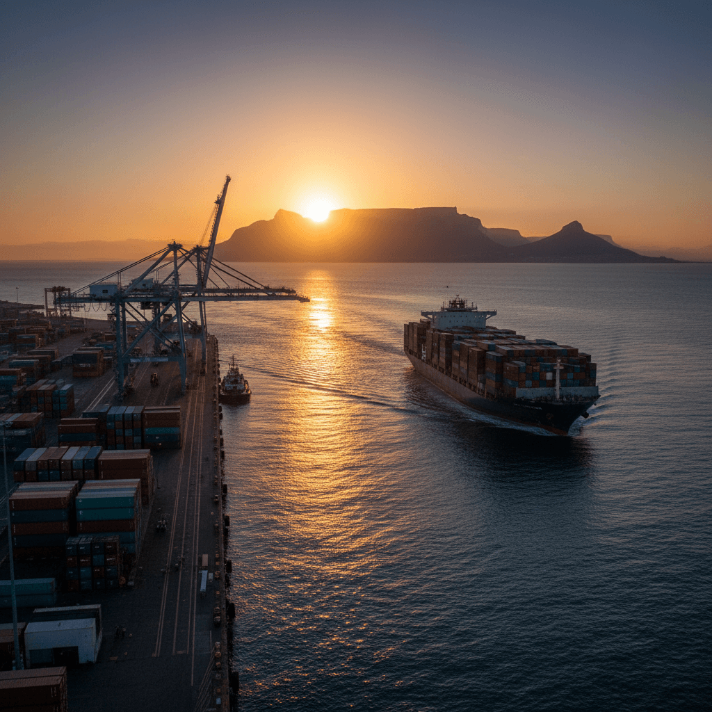 Container ship departing at sunset