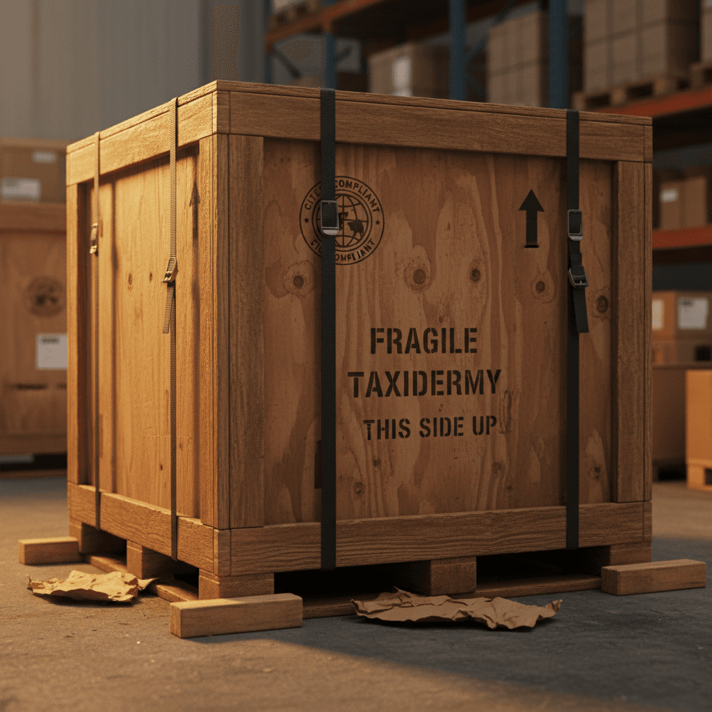 Wooden trophy crate with fragile markings